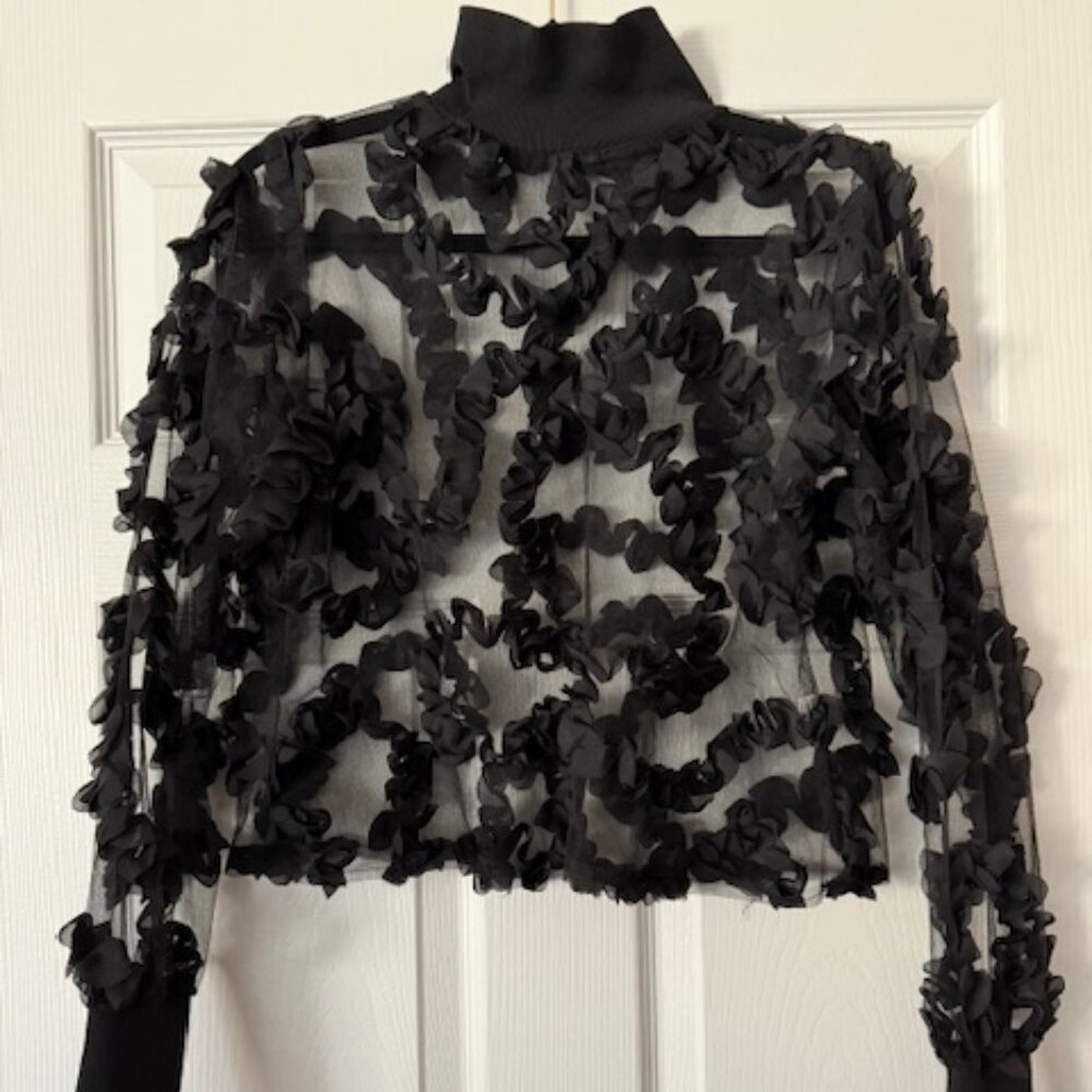Flamant Rose Sheer Turtleneck Top with Rosette Detail, Black Size M/L